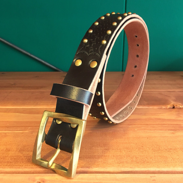 38mm Basket×Studs belt【Black×Beige】 1枚目の画像