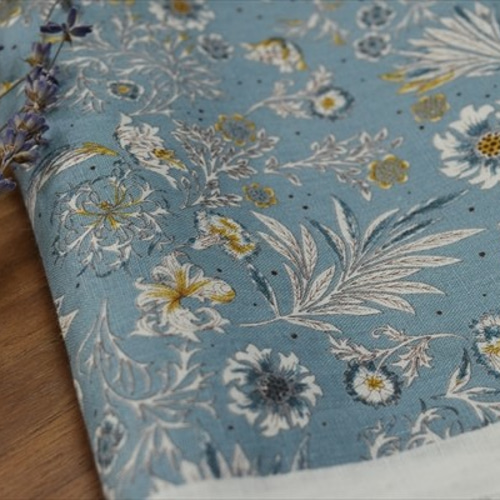 菜の花様　お問い合わせ　ブルー系花柄　ボタニカル Oharayaseni】薄手リネンプリント生地/ボタニカルフラワー/花柄