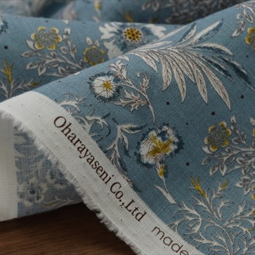 美品✨エストネーション ホリゾンタルカラー リネン100 Sサイズ 花柄 Oharayaseni】薄手リネンプリント生地/ボタニカルフラワー/花柄