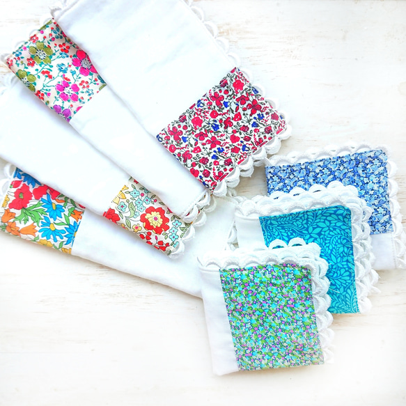 選べる！リバティプリント×ガーゼのミニレースハンカチ 15cm ○ 抗菌  