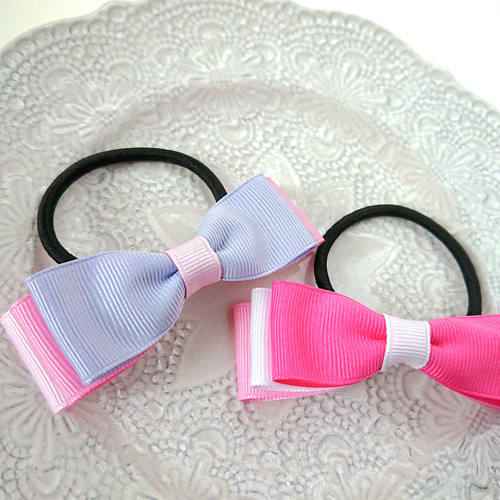 うさみみリボン　ヘアゴム　3こセット　花柄　パステルカラー　ピンク　パープル うさみみリボンヘアゴム3こセット花柄パステルカラーピンクパープル