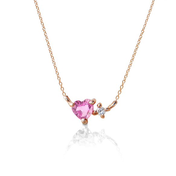 九月生日石粉紅藍寶石與鑽石小心型項鍊粉紅金 第1張的照片