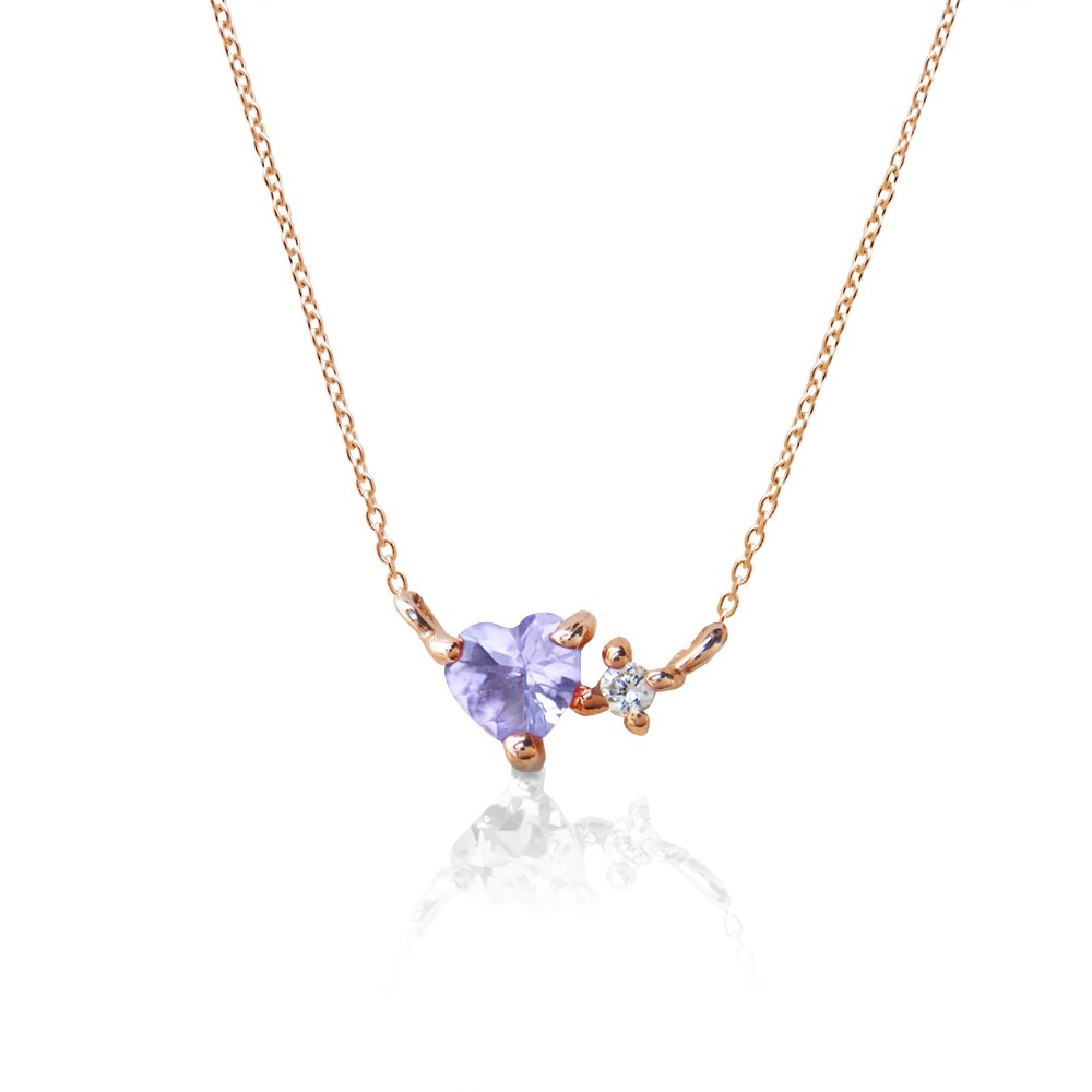 ハート形の天然石が可愛い！ 12月 誕生石 タンザナイト & ダイヤモンド ピンクゴールド ネックレス [受注制作]