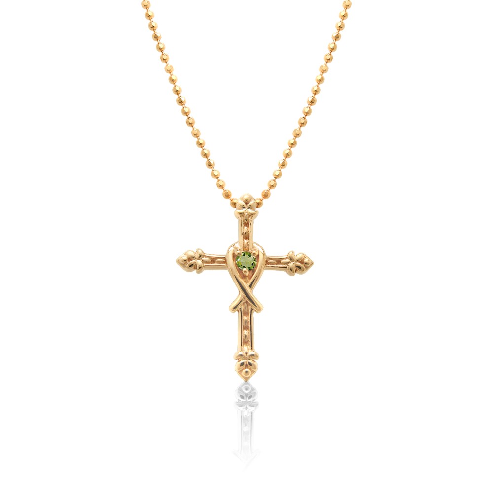 クラシカル クロス & リボン 8月 誕生石 ペリドット キラキラカットボール チェーン ネックレス [受注制作]
