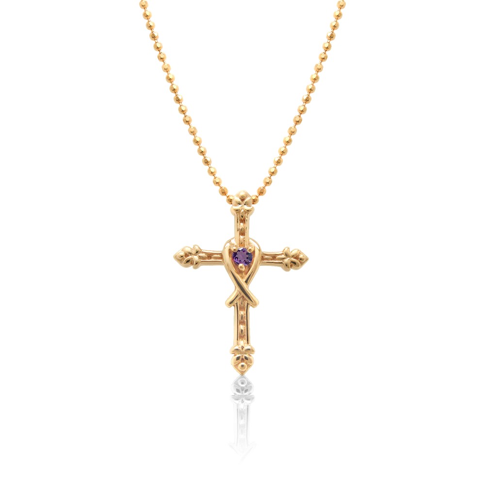 クラシカル クロス & リボン 2月 誕生石 アメジスト キラキラカットボール チェーン ネックレス [受注制作]