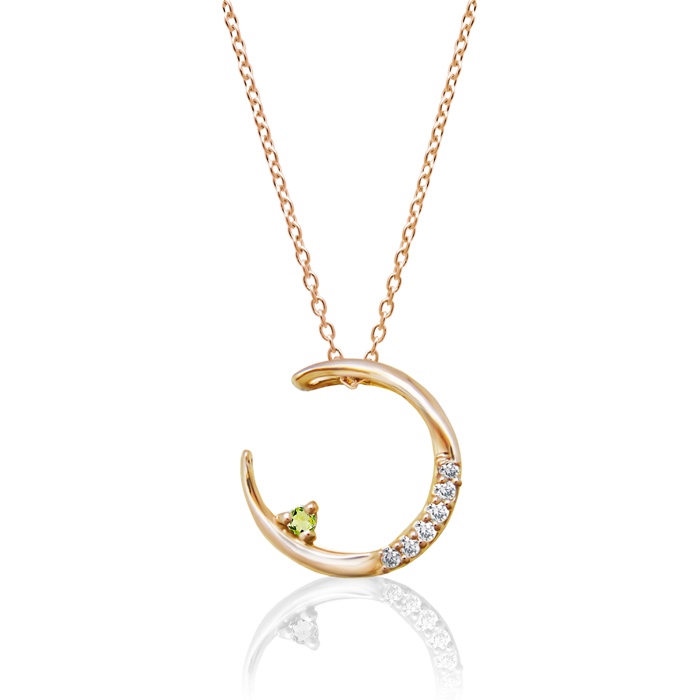 幸運 モチーフ 三日月 8月 誕生石 ペリドット & ダイヤモンド ピンクゴールド 月 ネックレス [受注制作]