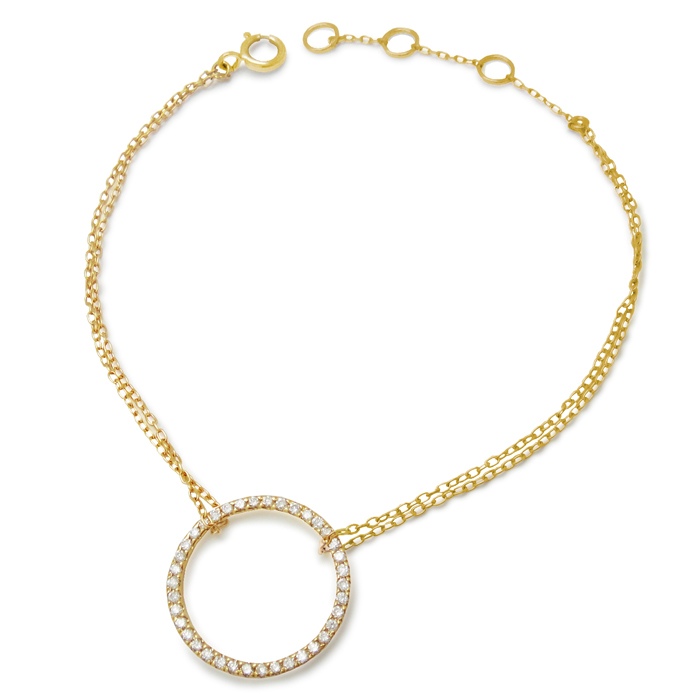 美しく輝く ダイヤモンド サークル デザイン K18イエローゴールド 2連 アズキ チェーン ブレスレット [受注制作]