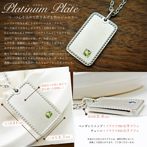プラチナ 8月 ペリドット 誕生石 付き プレート ネックレス 本格