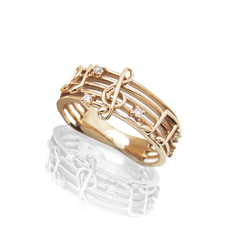 音符 ト音記号 モチーフ ダイヤモンド K10 ピンク ゴールド ハッピー ミュージック リング [受注制作]