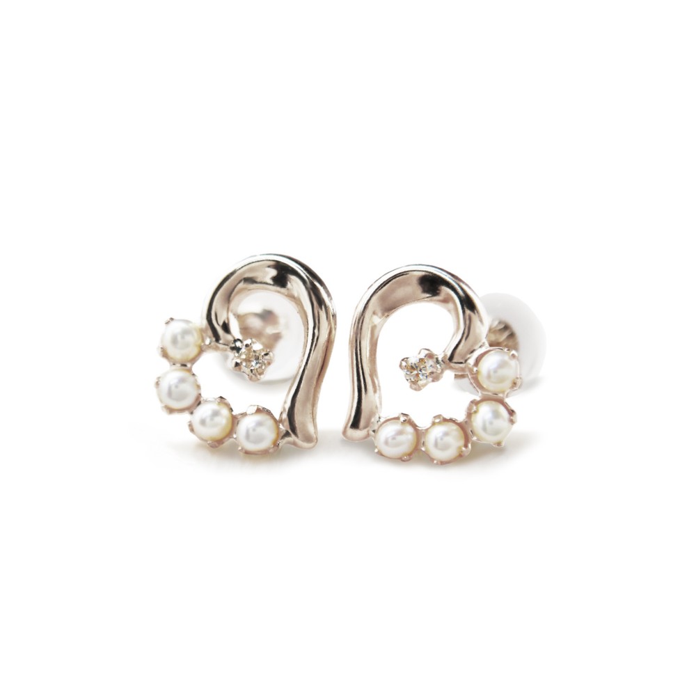 ハワイアン オープン ハート ダイヤモンド & ベビー パール  K18 ホワイト ゴールド ピアス [受注制作]