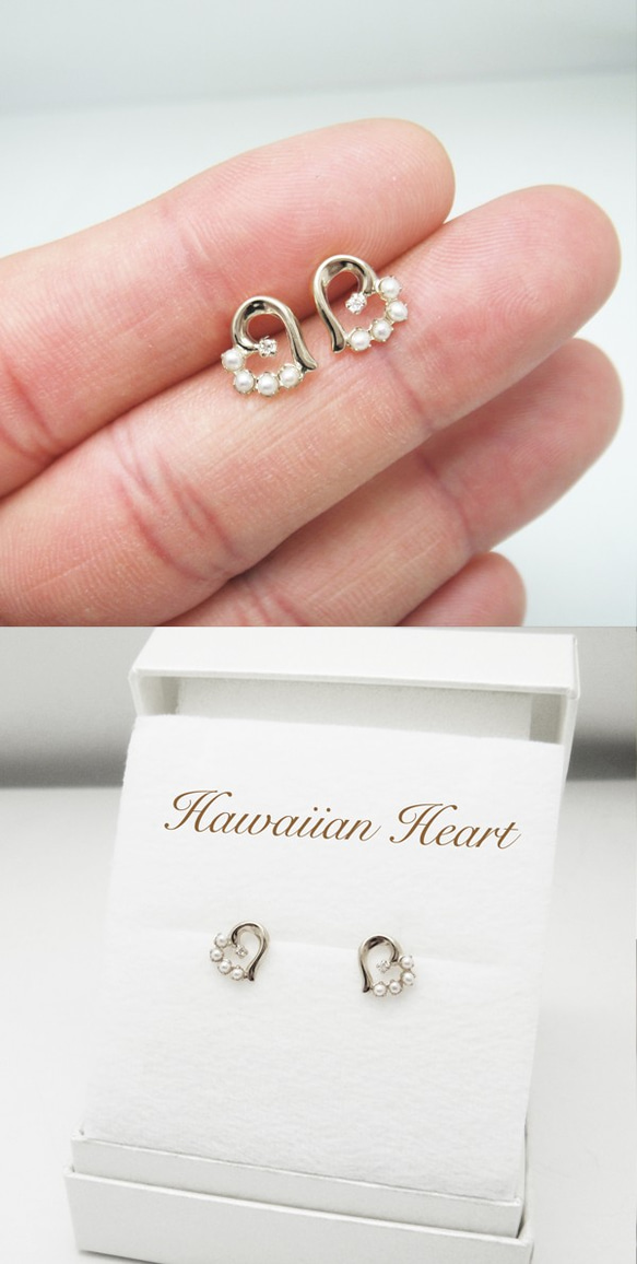 夏威夷心形鑽石與小珍珠耳環 K18 白金 miwahouseki 第3張的照片
