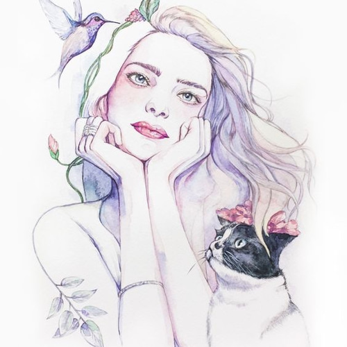 Akiサイン 「ファッション」 鉛筆デッサンに水彩画 真作