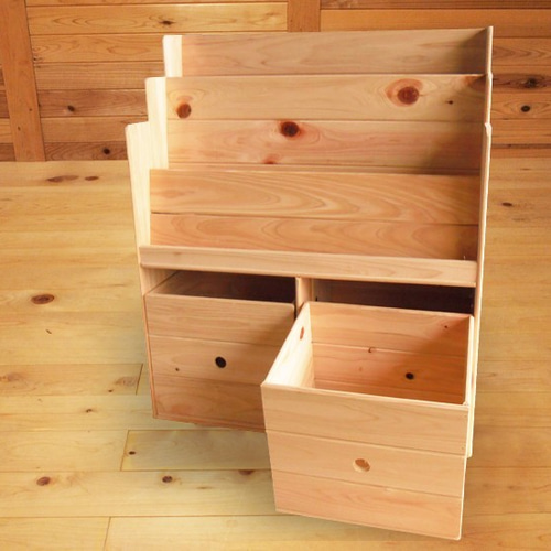 木製絵本棚 引き出し付き mkhkj様取り置き品】ひのきの絵本棚＋収納ボックスセット 本棚・絵本棚