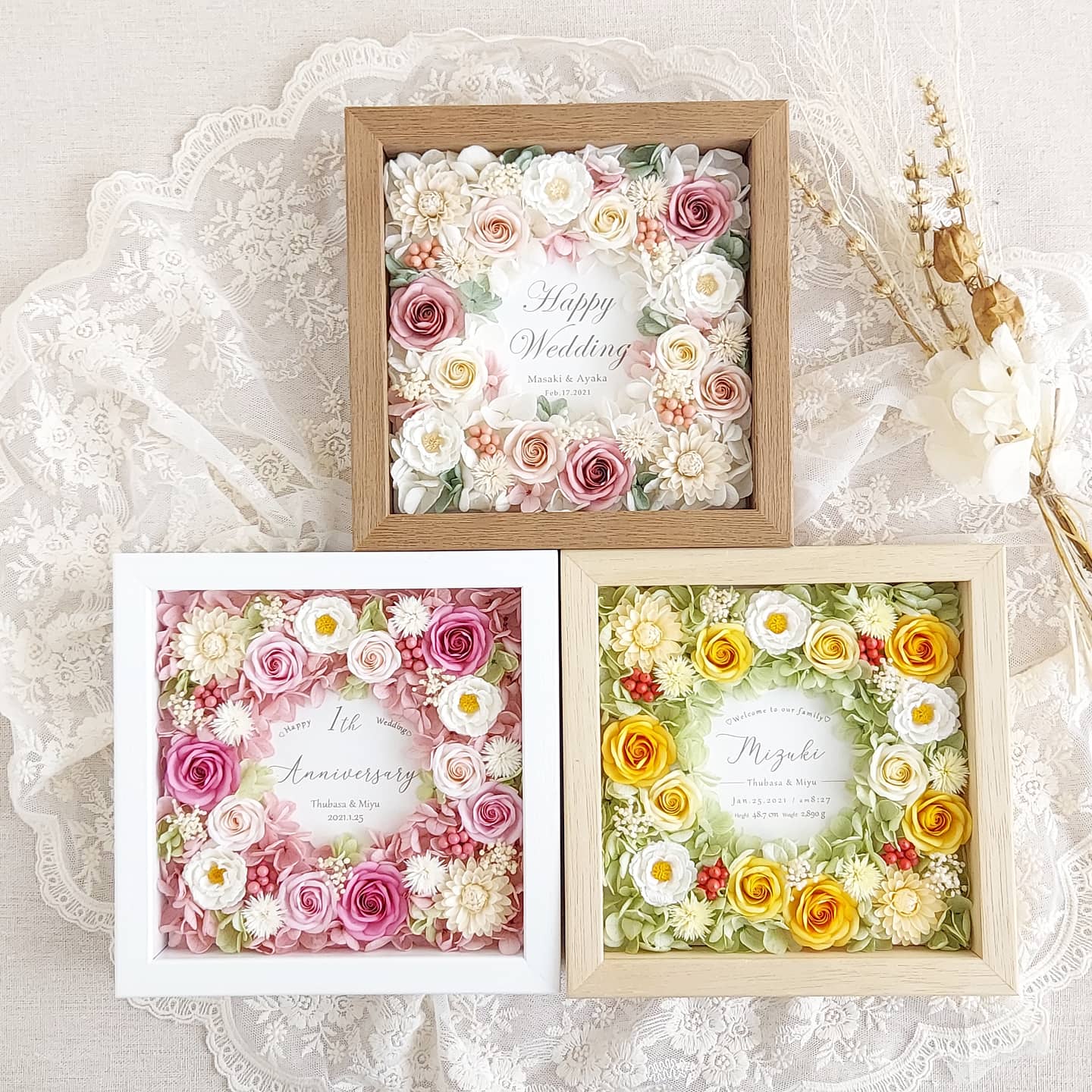 結婚祝いにも♡選べるメッセージプレート*washi no hana*フラワーボックスフレーム＊アンティークピンク