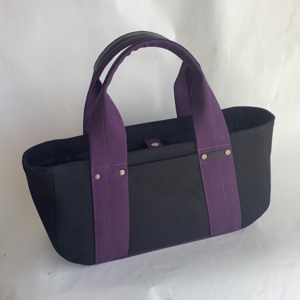 コロンと丸い帆布の横長トート・ブラック＋ダークパープル・マチ12