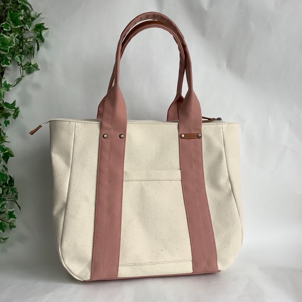 Lサイズ◇大きくしたコロンと丸い帆布のトート・生成り＋オールドローズ・マチ12