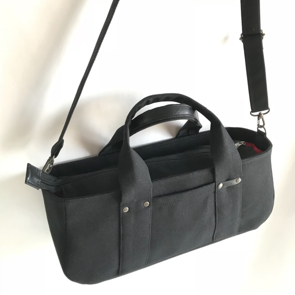 幅40◇コロンと丸い帆布の横長トート・ブラック・マチ12・ショルダー