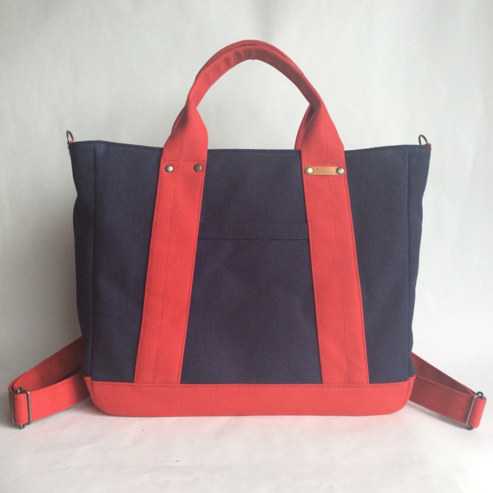サイズup◇3WAY◇コロンと丸い帆布のショルダーリュック・ダークネイビー＋レッド・マチ12