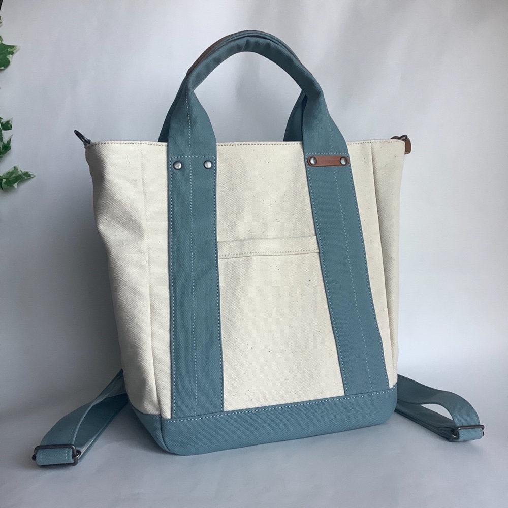 3WAY◇コロンと丸い帆布のショルダーリュック・生成り+オールドブルー・マチ12