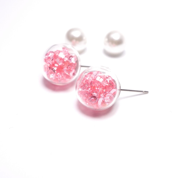 A Handmade 粉紅色水晶玻璃球配珍珠前後耳釘 第3張的照片