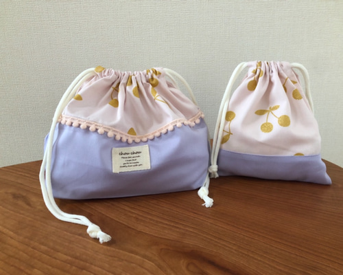 お弁当袋&コップ袋　赤　チェリー　さくらんぼ　お花　給食袋　入園　入学 お弁当袋&コップ袋 赤 チェリー さくらんぼ お花 給食袋 入園 入学 お