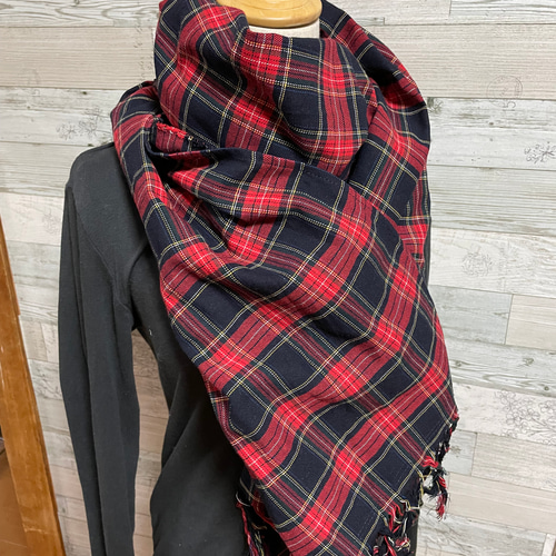 再販！チェック柄 2way フード付きポンチョ 大判ストール ストール