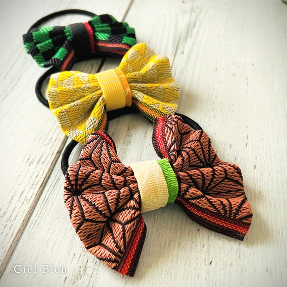 畳縁の和風リボン（麻の葉ピンク・市松グリーン・鱗イエロー） 5×6cm  