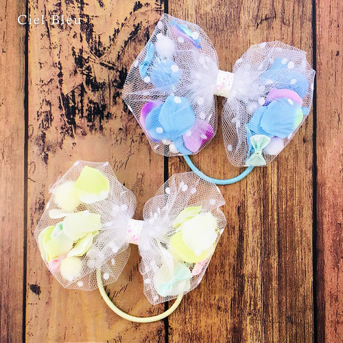 ふわふわ花びらチュールリボン（L）（ライトイエロー／ライトブルー