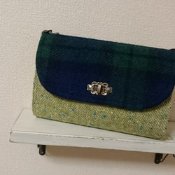 お財布バッグ　ハリスツイード×リネン（紺×きみどり） 1枚目の画像