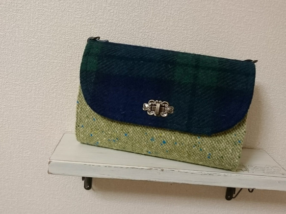 お財布バッグ　ハリスツイード×リネン（紺×きみどり） 1枚目の画像