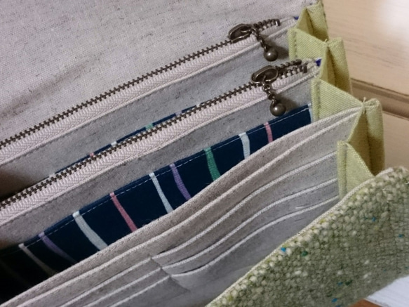 お財布バッグ　ハリスツイード×リネン（紺×きみどり） 2枚目の画像