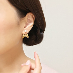 水晶珍珠和金絲帶/袋魅力耳環（劃破允許）＃028 第2張的照片