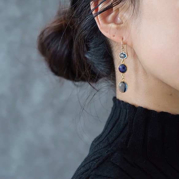 14KGF/ SAPPHIRE IOLITE MONTANA GLASS EARRINGS 3枚目の画像