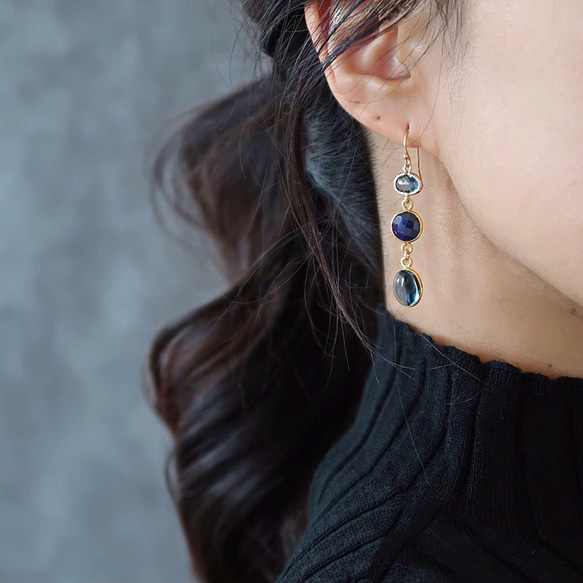 14KGF/ SAPPHIRE IOLITE MONTANA GLASS EARRINGS 6枚目の画像