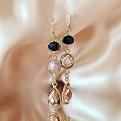 14KGF/ BLACK GLASS COPPER CRYSTAL MORGANITE EARRINGS 1枚目の画像