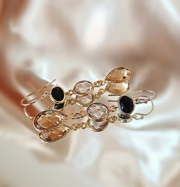 14KGF/ BLACK GLASS COPPER CRYSTAL MORGANITE EARRINGS 7枚目の画像