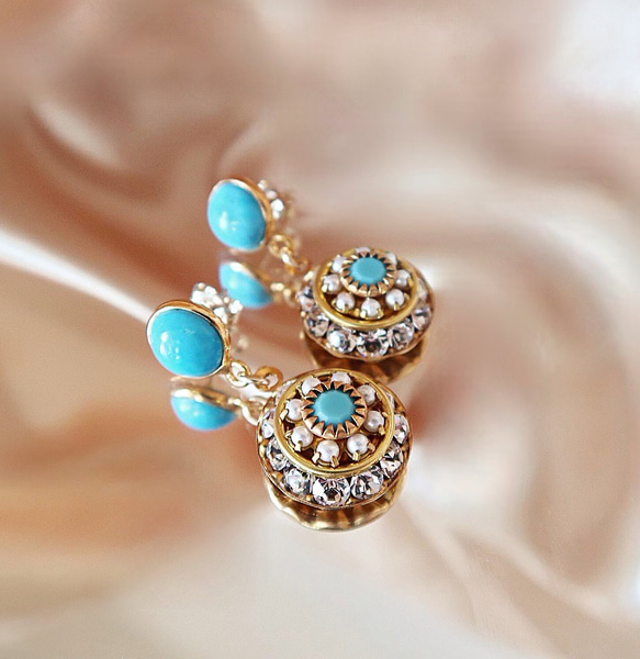 14KGF/ TURQUOISE VINTAGE CRYSTAL PEARL EARRINGS 7枚目の画像