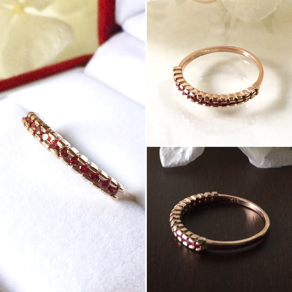 再販・K18(18金) ミャンマー産最高品質ルビー(真紅色・ピジョンブラッド)のハーフエタニティリング<受注制作> 5枚目の画像