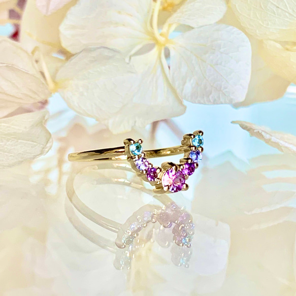 [再販] 10金・18金・プラチナ高品質ピンクサファイアと天然石の馬蹄ホースシューリング【セミオーダーメイド】 2枚目の画像