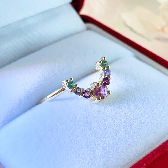 [再販] 10金・18金・プラチナ高品質ピンクサファイアと天然石の馬蹄ホースシューリング【セミオーダーメイド】 15枚目の画像