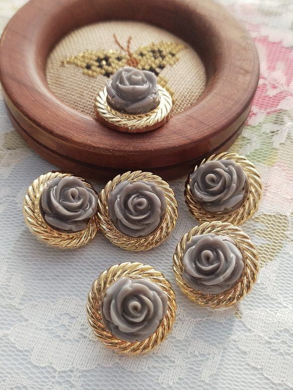 HR04【20mmセット6個】ハンドメイド。エナメル。グレーローズ＋  