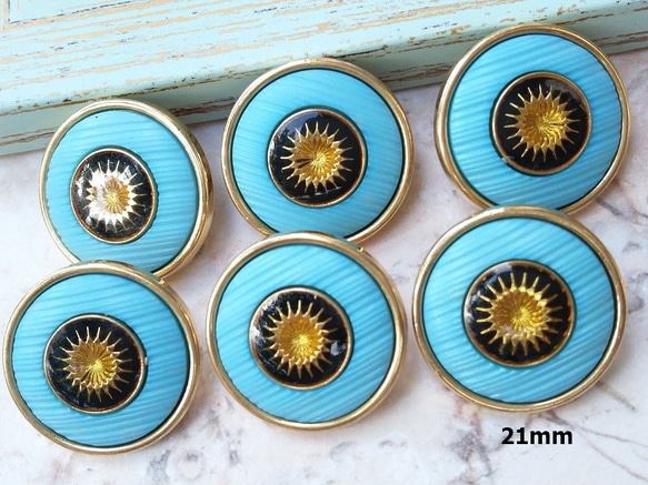 M737【21mm set 6pcs】太陽花金色裝飾Aquamarine鈕扣 第1張的照片