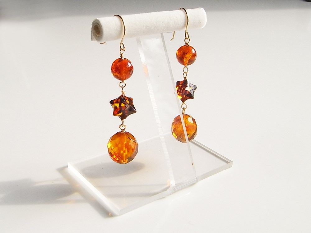 琥珀ピアス 3連 K10フックピアス秋ピアス 秋色