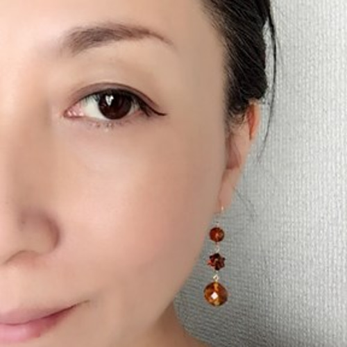 琥珀ピアス 3連 K10フックピアス秋ピアス 秋色 ピアス（フック 