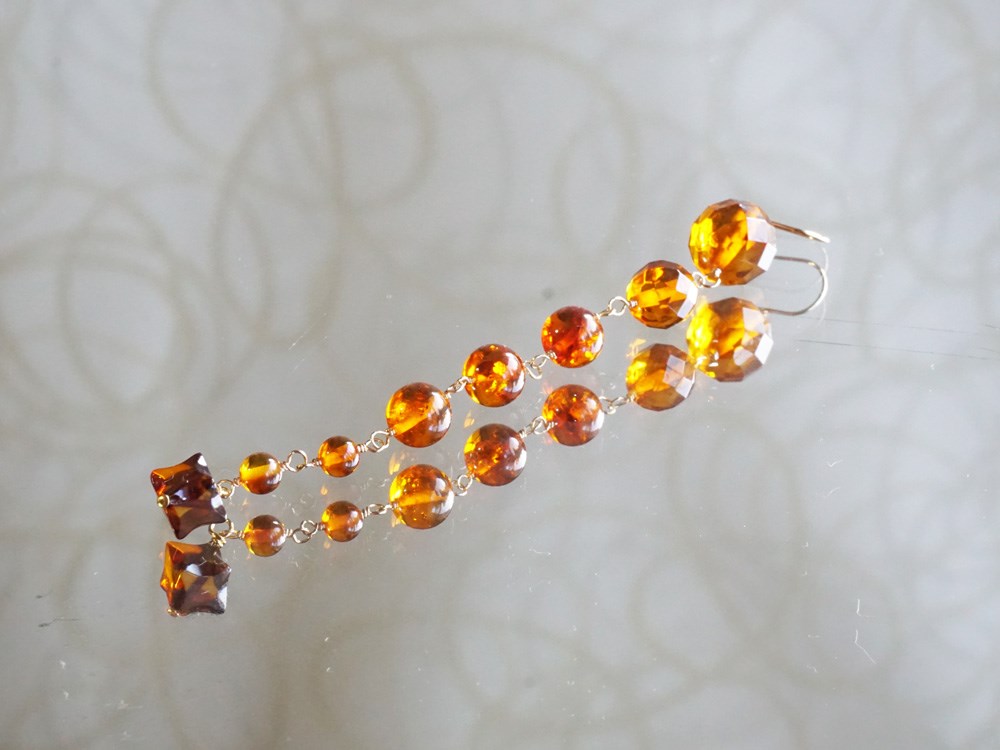 琥珀ピアス ロング K10フック秋ピアス 秋色