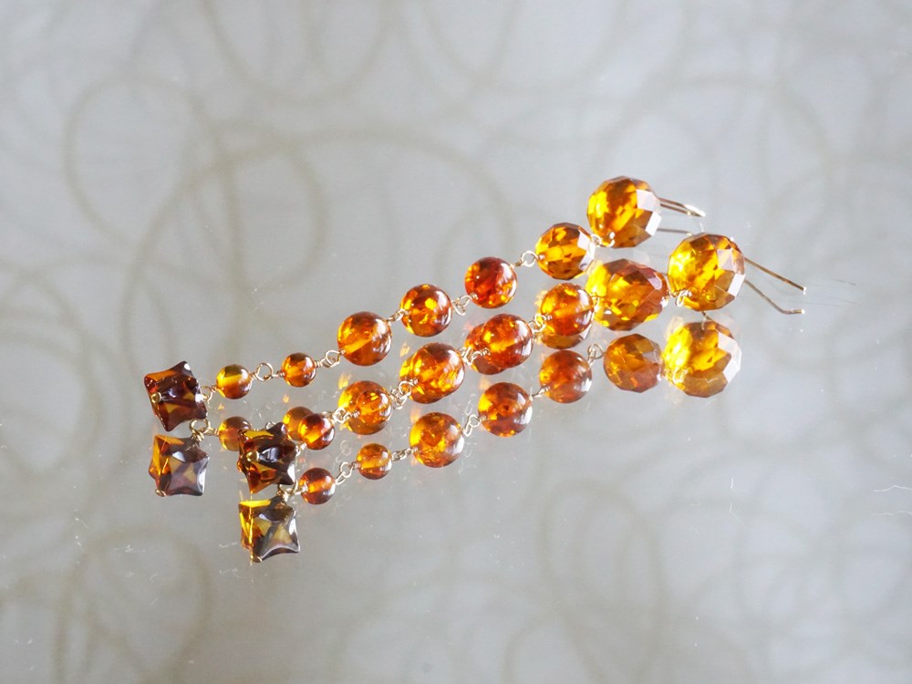 琥珀ピアス ロング K10フック秋ピアス 秋色