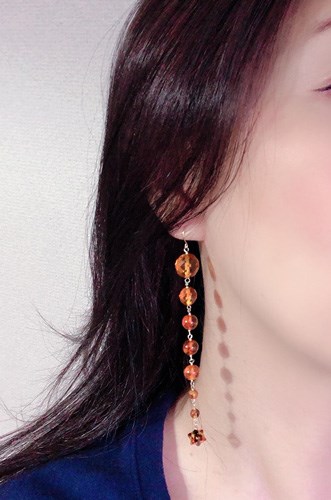 琥珀ピアス ロング K10フック秋ピアス 秋色