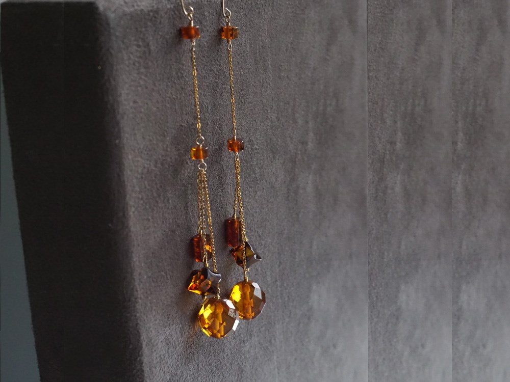 琥珀デザインロングピアス K18YG 秋色