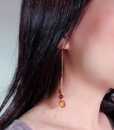 琥珀デザインロングピアス K18YG 秋色