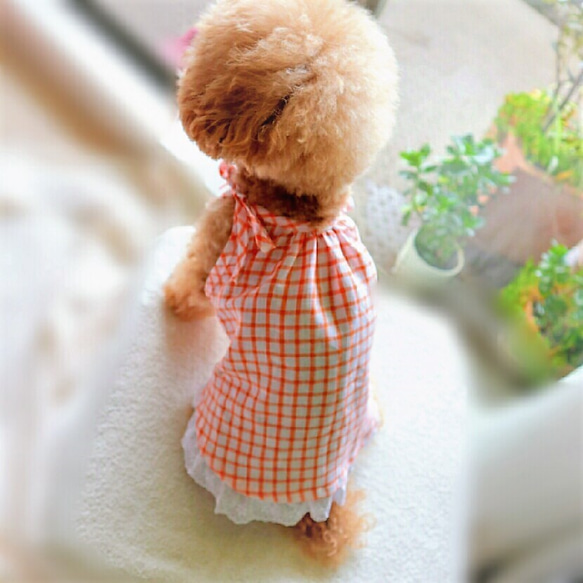 再販！SALE！★フレンチリネンオレンジチェックの夏服　MSサイズ完成品 4枚目の画像